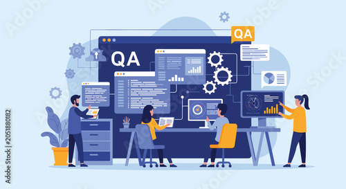 Quality assurance professionals collaborating on software testing and data analysis displayed across multiple screens in a vibrant digital environment.