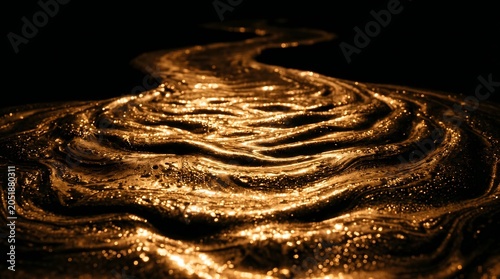 A shimmering river of molten gold carves a glowing path through the shadows, serving as a powerful metaphor for the flow of prosperity, inner wealth, and spiritual alchemy.
