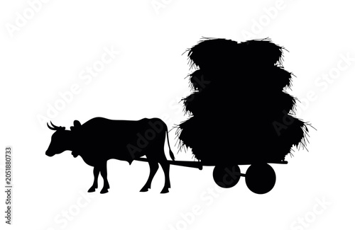 Ox Cart With Hay Load Silhouette Vector