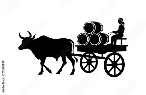 Ox Cart Carrying Water Barrels Silhouette Design