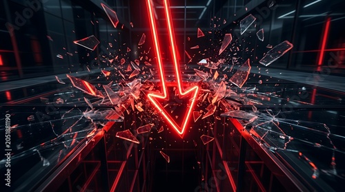 A glowing red arrow crashes downward, shattering a sleek glass floor into exploding fragments, symbolizing a sudden economic collapse and market devastation.