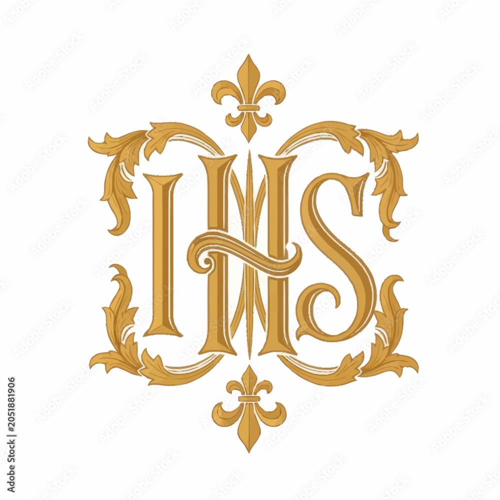 Fototapeta premium Elegant Golden Monogram IHS with Fleur de Lis Ornaments.