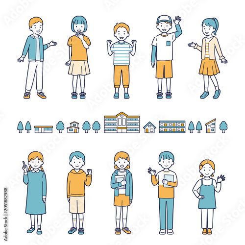 子どもたちと街並みのイラスト素材セット