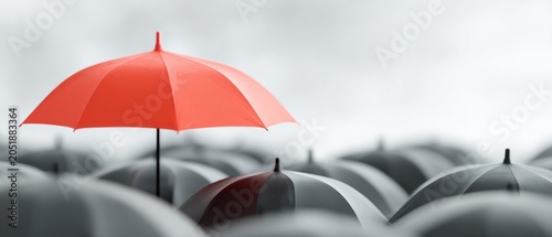 Red umbrella standing out from a crowd of gray umbrellas concept art