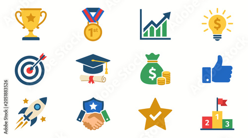 Business success achievement icons set.