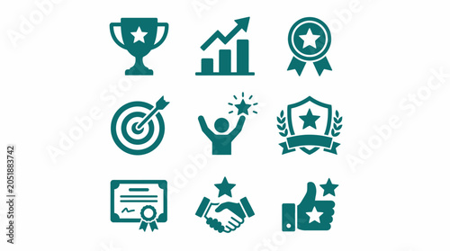 Collection of achievement icons and symbols.
