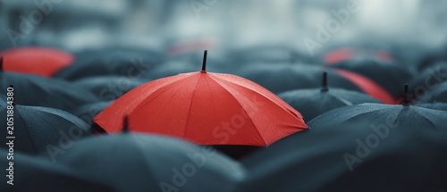 Red umbrella stands out among many others different business strategy concept
