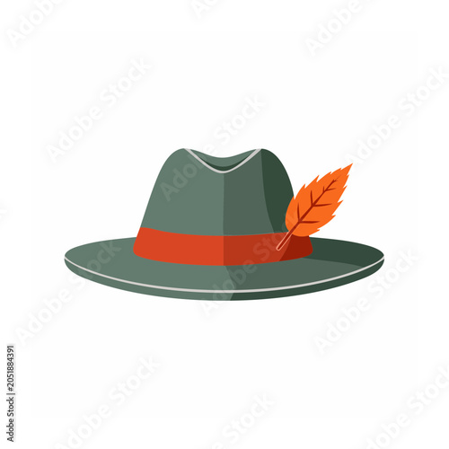 Green hat with orange feather and red ribbon, flat illustration