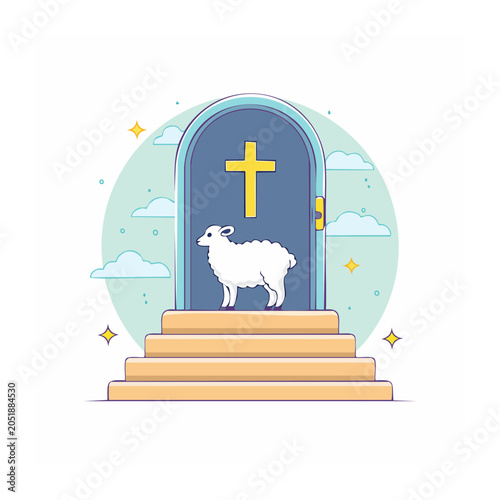 Lamb standing before a door with a Christian cross symbol