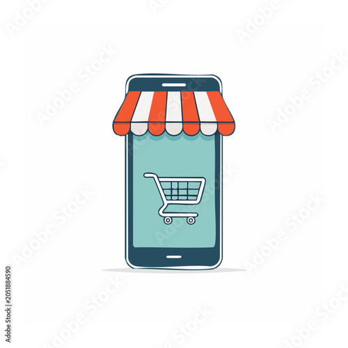 Smartphone with shopping cart and awning, e-commerce concept