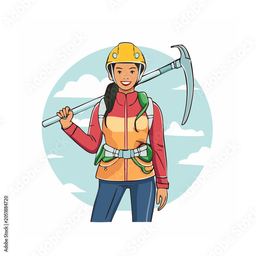 Woman climber with ice axe and harness, outdoor adventure concept