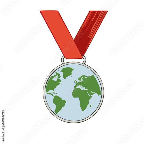 World medal with red ribbon, flat design