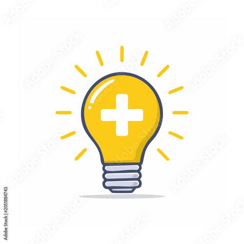 Yellow light bulb with a plus sign, flat design icon