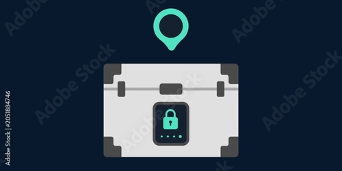 Insulated transport box with security lock and location marker. Specimen logistics and medical delivery concept scene. Healthcare transport technology graphic. Clean interface element detail.