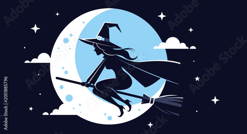 Foto Silhouette of a Witch Flying on a Broomstick Against a Crescent Moon and Night S