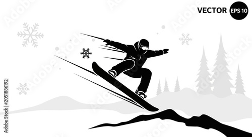 Foto Snowboarder Jumps Over Snow Hill with Snowflakes and Trees - Vector Art