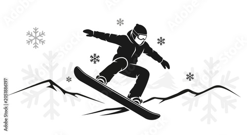 Bild auf Leinwand Snowboarder Jumping Mid-Air, Winter Snowflakes and Mountains Silhouette