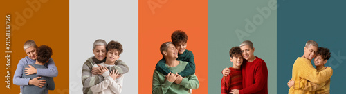 Mother and son embracing in...