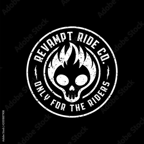 Revampt Ride Co Flaming Skull Motorcycle Emblem with Distressed Vintage Rider Badge Design