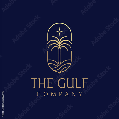 The Gulf Company Luxury Palm and Desert Landscape Monoline Logo in Elegant Gold Style