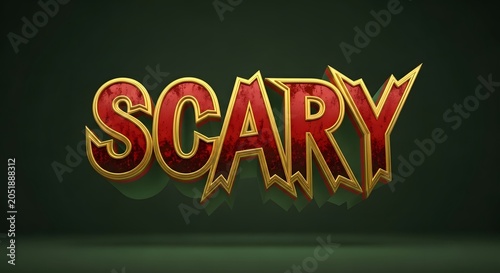 Scary 3d text effect with red textured letters and gold metallic outline on a dark green background