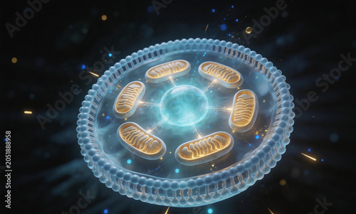 Three dimensional microscopic view of a biological cell with cell membrane and mitochondria, 3d rendered illustration
