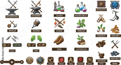 Fotografija Medieval RPG game crafting and profession vector icons set featuring blacksmith