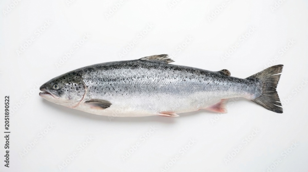 Fototapeta premium Whole Raw Atlantic Salmon Isolated on White Background, Fresh High-Quality Seafood Product with Silver Scales and Omega-3 Rich Protein