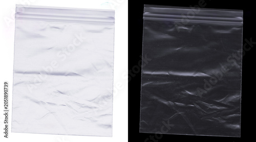 Transparent plastic zipper bag mockup, clear polyethylene seal pouch on white and black background, empty wrinkled poly bag for product packaging