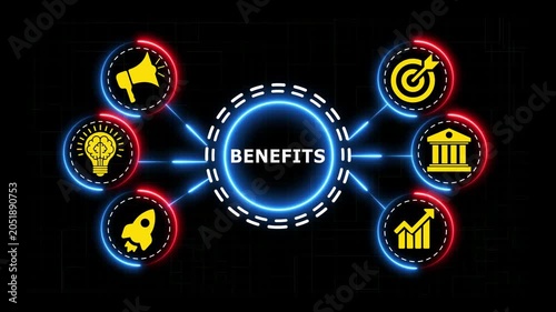 Neon infographics business benefits concept showing growth targets and strategy.