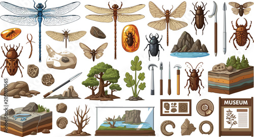 Bild auf Leinwand Prehistoric insect fossils and paleontology excavation elements set featuring a