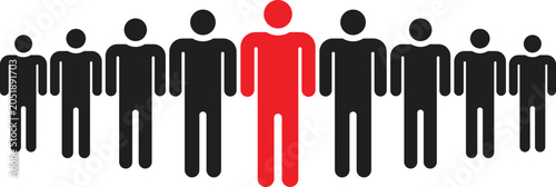 Cuadro en lienzo Stand Out: A vibrant red figure stands prominently amidst a group of black silhouettes, symbolizing individuality, leadership, and standing out from the crowd