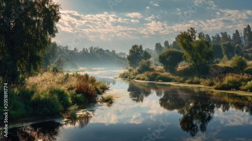 Tranquil river landscape with trees and reflections under a cloudy sky