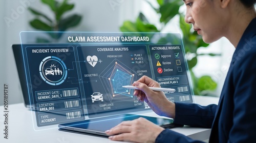 Businesswoman using tablet with holographic claim assessment dashboard, insurance risk analysis and financial data management concept.