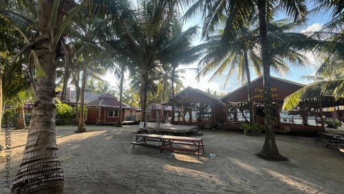 Quiet outdoor seating area with picnic benches at a tropical beach resort with wooden cabins