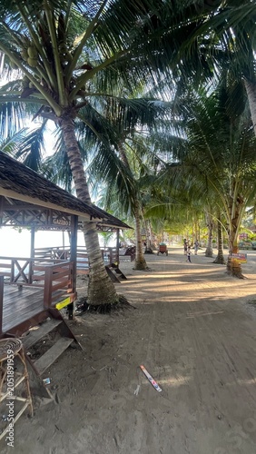 Sandy path beneath tall leaning coconut palm trees next to a wooden beach pavilion