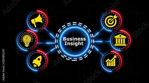 Business insight concept animated video with glowing elements on dark background.
