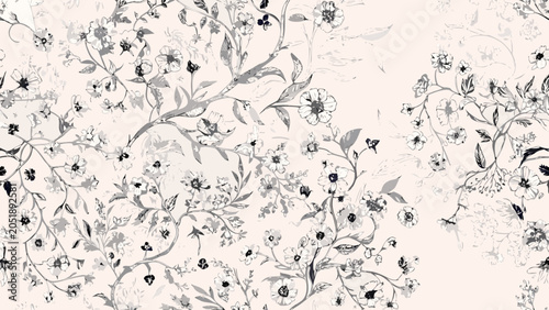 Εκτύπωση καμβά Floral ornament with sketched branches and blossoms grayscale pattern