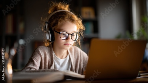 Young girl with glasses and headphones using laptop indoors at night