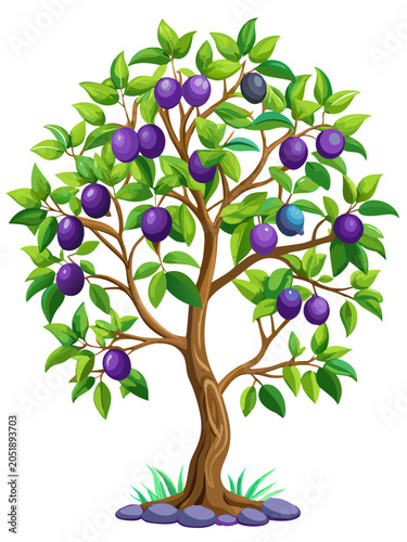 Single plum tree with ripe purple plums and green leaves on rocky ground fruit tree plum orchard fruit bearing fruit trees plum fruits tree trunk tree branches tree roots