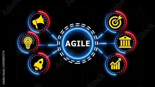 Agile business methodology infographic animation with neon icons and light nodes.