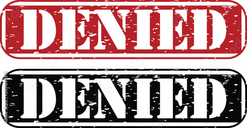 Foto Denied Stamp: A clear graphic representation of a DENIED stamp in both red and black, signifying rejection or prohibition, with a distressed texture to convey a used or official feel