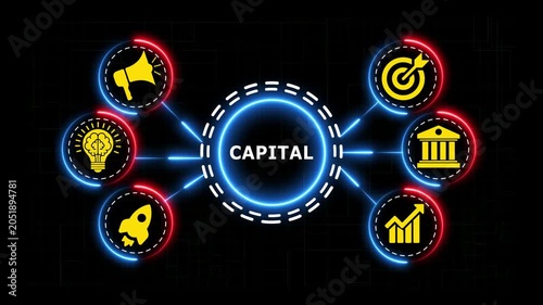 Capital word surrounded by business icons on a dark digital background with motion.