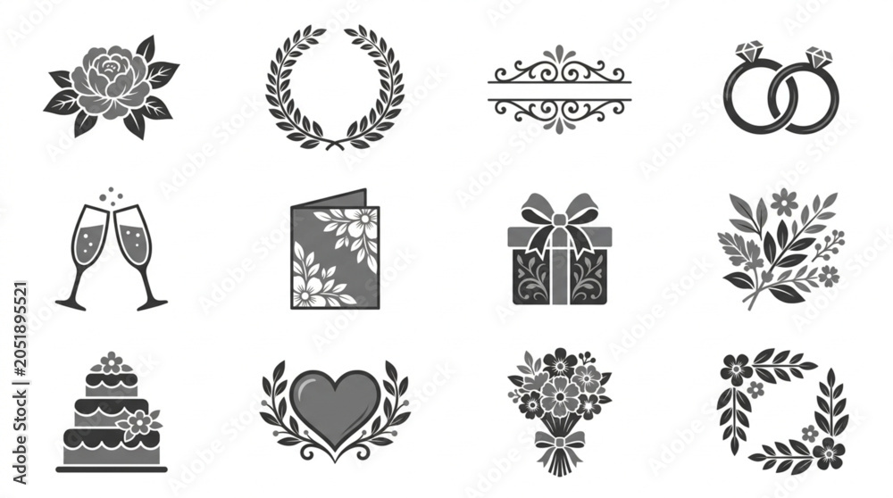 Obraz premium Wedding Icons Collection Decorative Elements Symbols.
