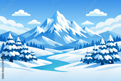 Fotografie Winter mountain landscape with snow-covered trees and a winding stream, vector illustration