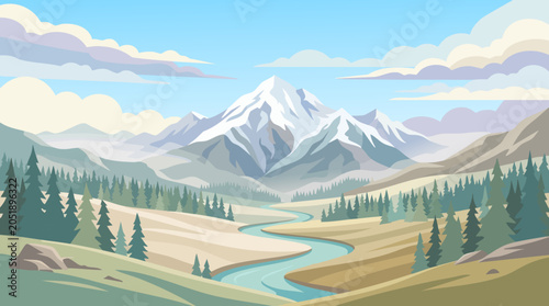 Mountain landscape illustration, scenic view with river and coniferous trees.