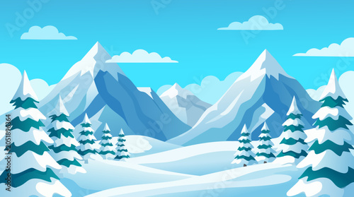 Foto Snowy mountain range vector illustration with evergreen trees and blue sky