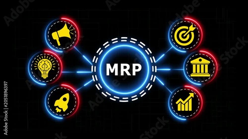 MRP concept with business icons, abstract animation, and digital background.