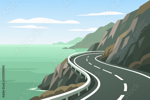 Coastal road scene with winding asphalt and ocean view, vector illustration.
