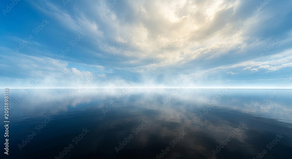 Obraz premium A minimalist yet majestic landscape showing the separation of the waters. A vast, calm, reflective primeval ocean below, and a sweeping